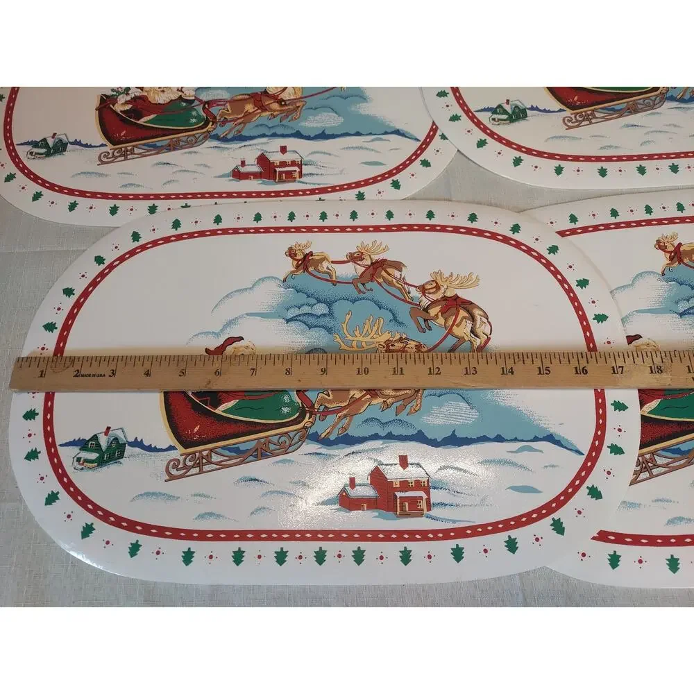 Christmas Holiday Placemats Santa Reindeer Sleigh Flying Winter Set 4 Oval 17